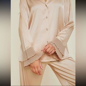 Lapel Neck Button Up Blouse & Ruffle Hem Pants PJ Set
